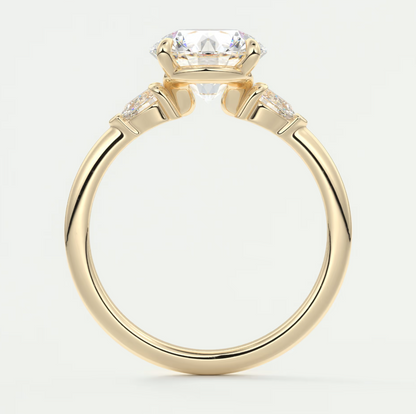 Custom made elysian round three-stone engagement ring with pear side stones | diamond lab