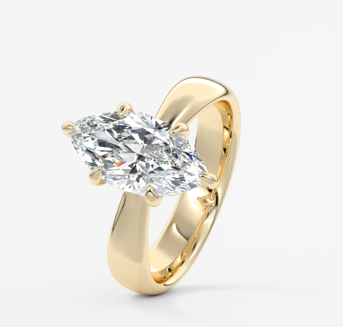 Custom made marquise solitaire engagement ring – sculpted tapered band | diamond lab