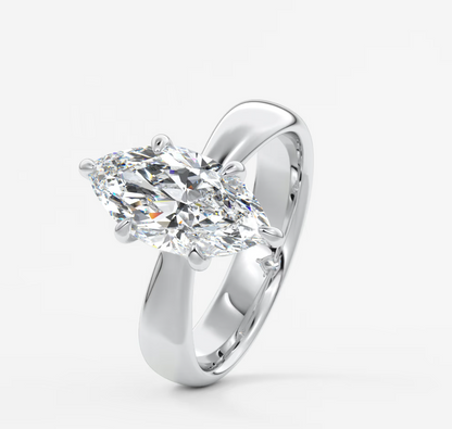 Custom made marquise solitaire engagement ring – sculpted tapered band | diamond lab