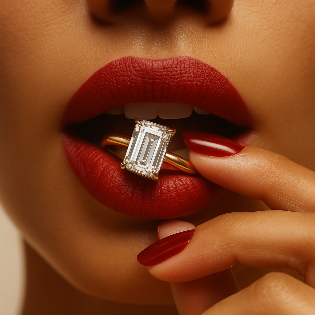 Close-up of a woman's lips with a diamond ring on a beige background