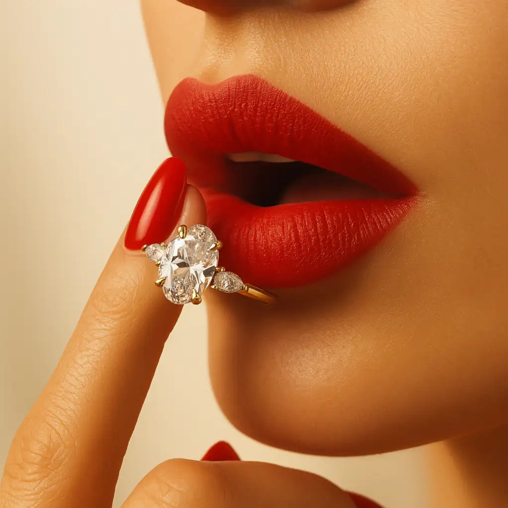 Close-up of a woman's lips with a diamond ring held between her fingers against a beige background