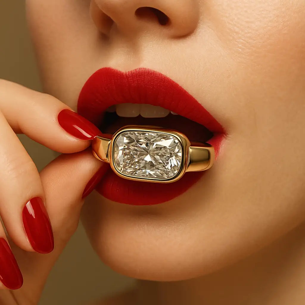 Close-up of a woman's face with a gold ring featuring a large diamond held between her lips.