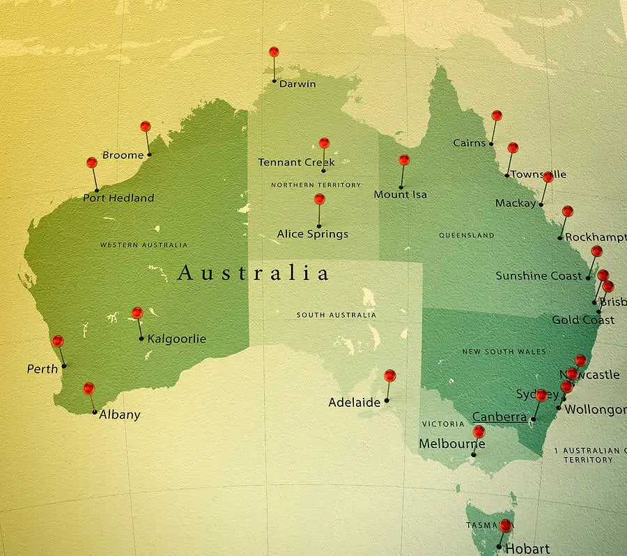Map of Australia with major cities marked on a textured green background