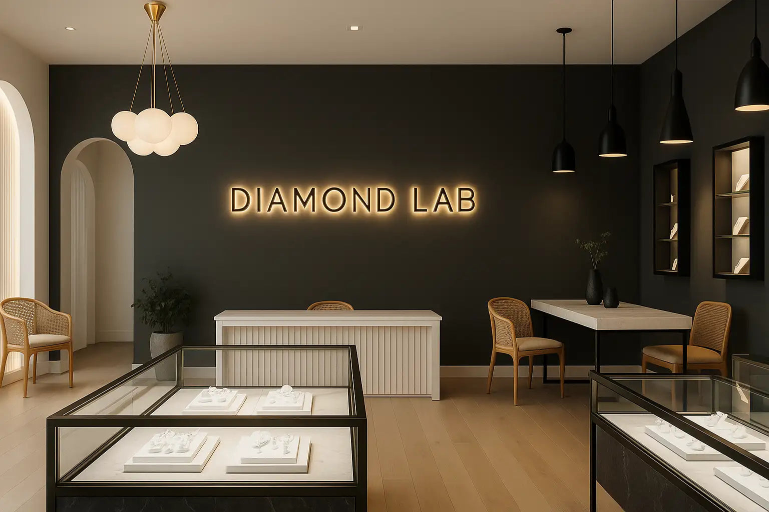 Diamond lab interior with 'Diamond Lab' sign on a dark wall.
