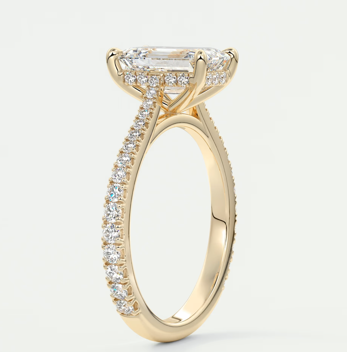 Custom made juliette emerald hidden halo cathedral engagement ring | diamond lab