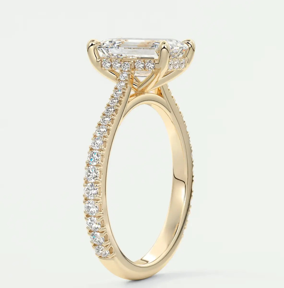 Custom made juliette emerald hidden halo cathedral engagement ring | diamond lab