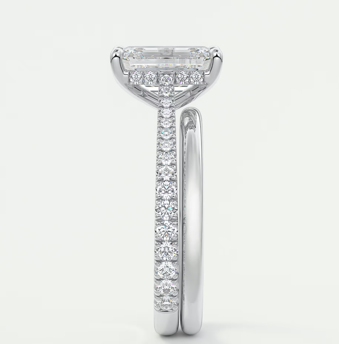 Custom made juliette emerald hidden halo cathedral engagement ring | diamond lab