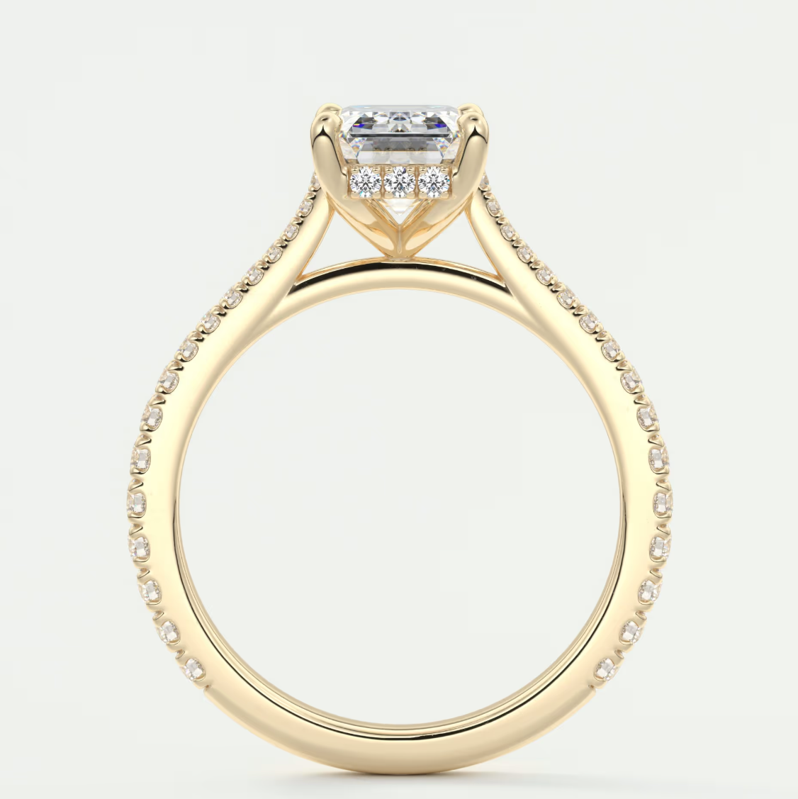 Custom made juliette emerald hidden halo cathedral engagement ring | diamond lab