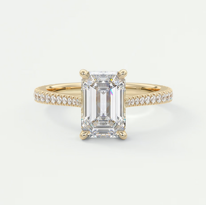 Custom made juliette emerald hidden halo cathedral engagement ring | diamond lab