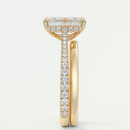 Custom made juliette emerald hidden halo cathedral engagement ring | diamond lab