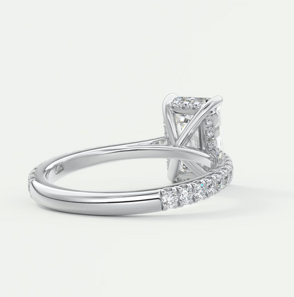 Custom made juliette emerald hidden halo cathedral engagement ring | diamond lab