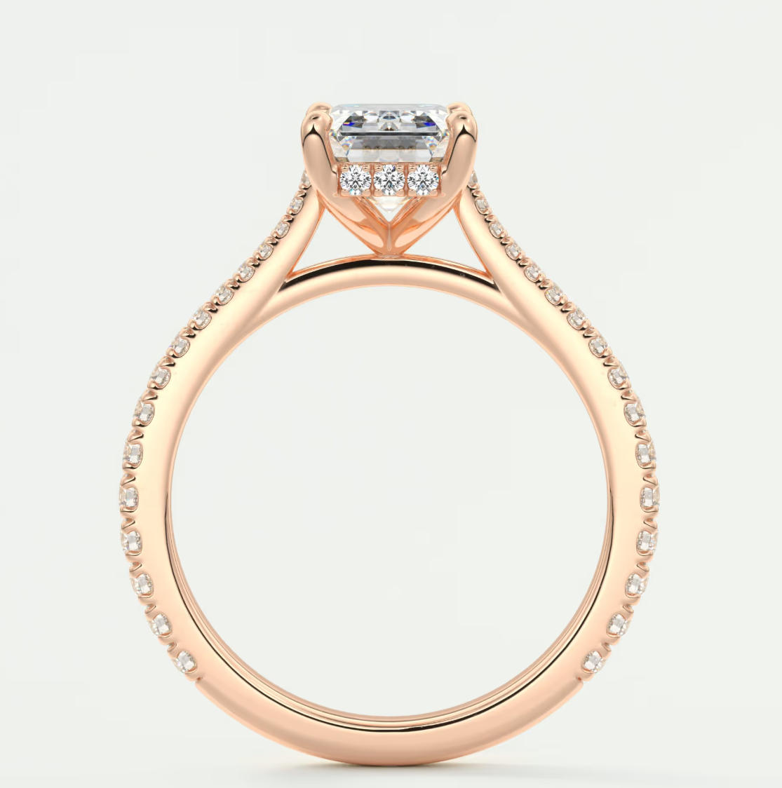 Custom made juliette emerald hidden halo cathedral engagement ring | diamond lab
