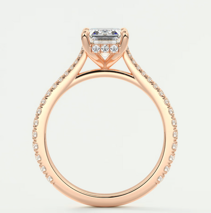 Custom made juliette emerald hidden halo cathedral engagement ring | diamond lab