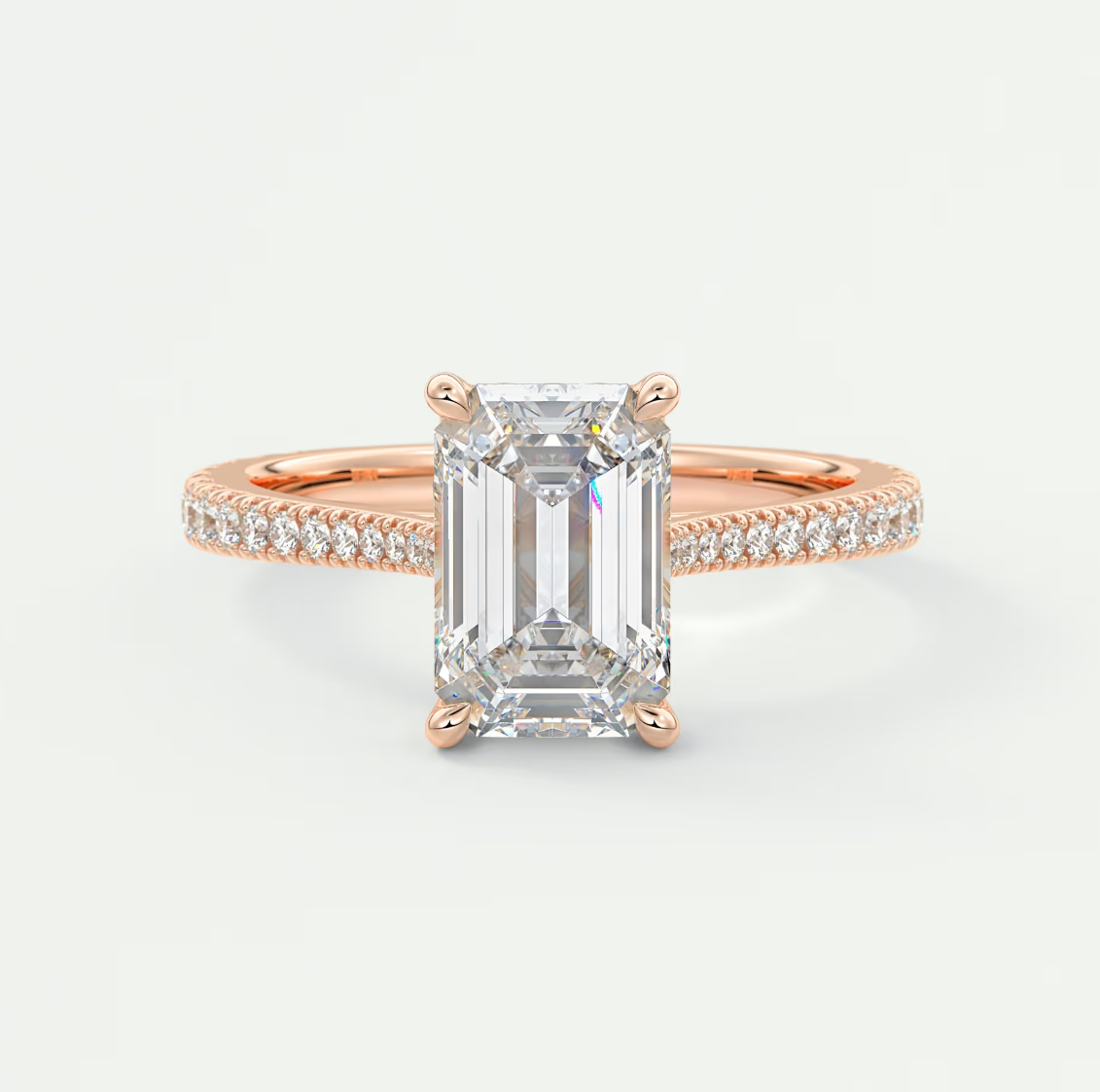 Custom made juliette emerald hidden halo cathedral engagement ring | diamond lab