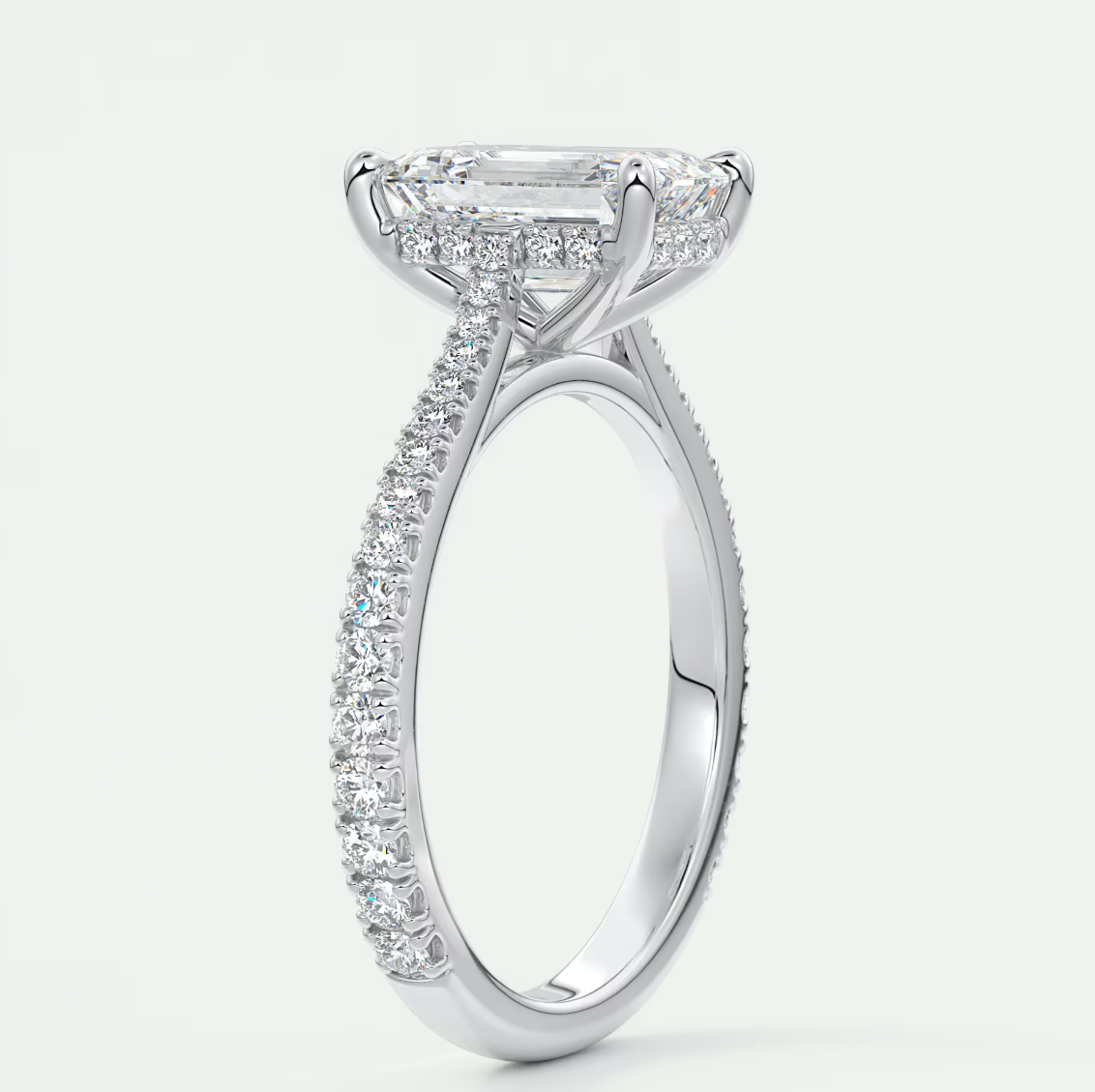 Custom made juliette emerald hidden halo cathedral engagement ring | diamond lab