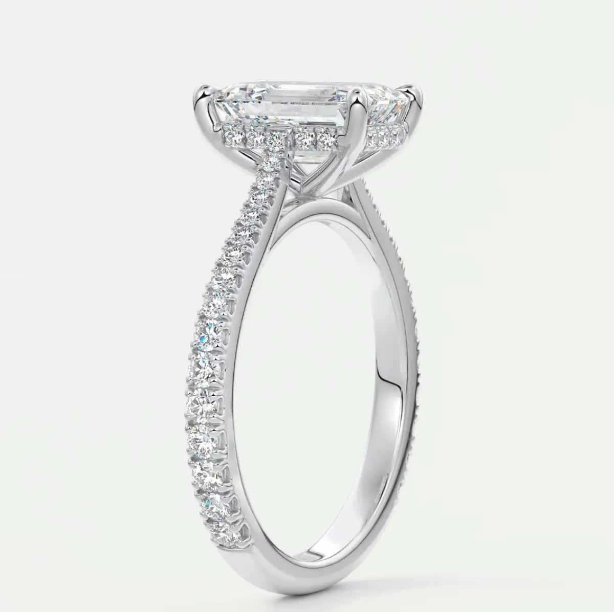 Custom made juliette emerald hidden halo cathedral engagement ring | diamond lab