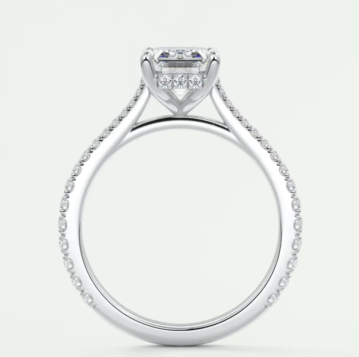 Custom made juliette emerald hidden halo cathedral engagement ring | diamond lab