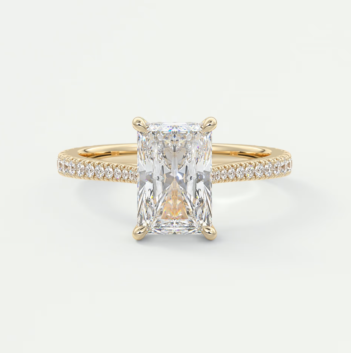 Custom made juliette radiant hidden halo cathedral engagement ring | diamond lab