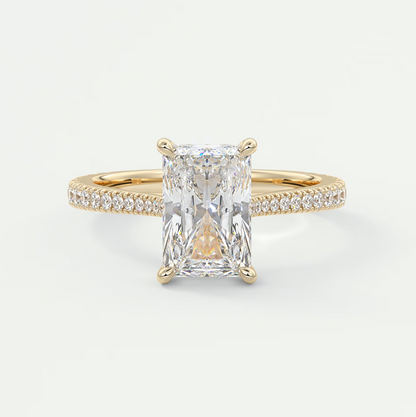 Custom made juliette radiant hidden halo cathedral engagement ring | diamond lab