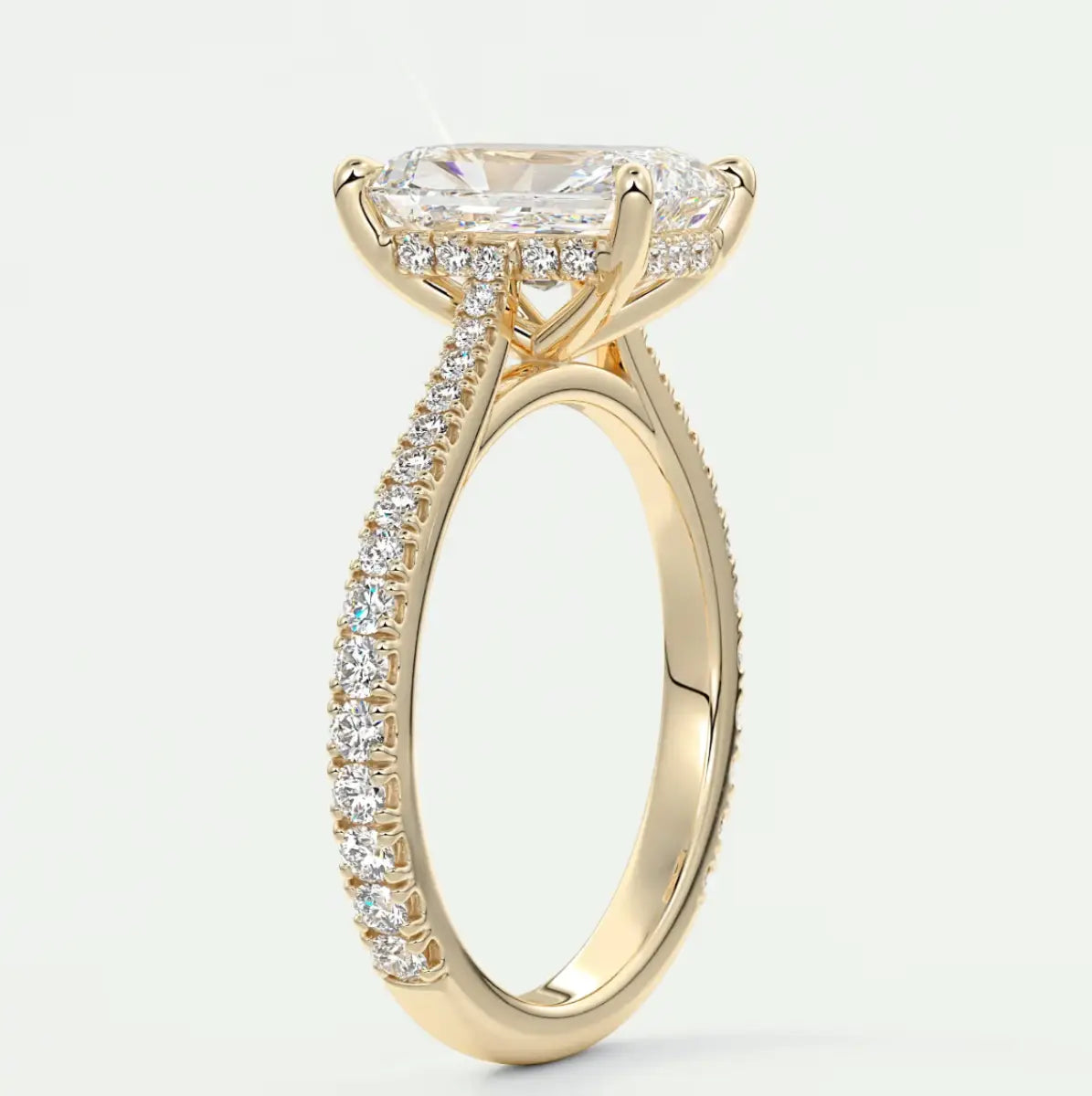 Custom made juliette radiant hidden halo cathedral engagement ring | diamond lab