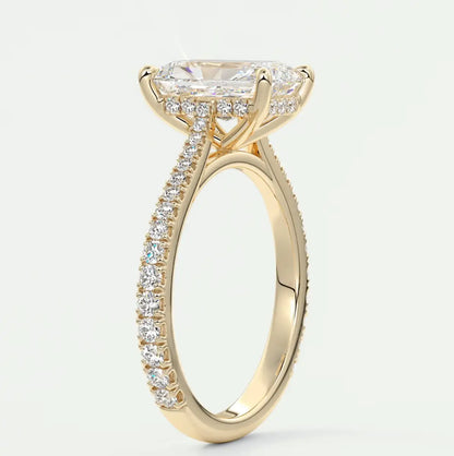 Custom made juliette radiant hidden halo cathedral engagement ring | diamond lab