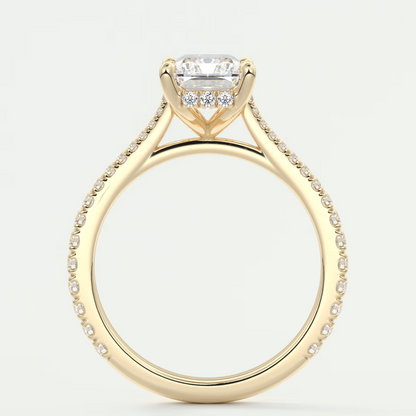 Custom made juliette radiant hidden halo cathedral engagement ring | diamond lab