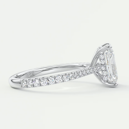 Custom made juliette radiant hidden halo cathedral engagement ring | diamond lab