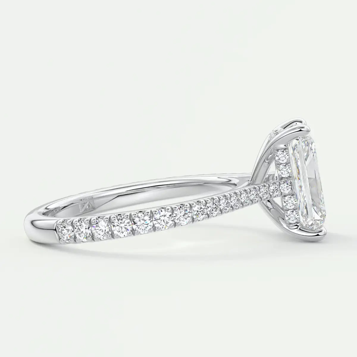 Custom made juliette radiant hidden halo cathedral engagement ring | diamond lab