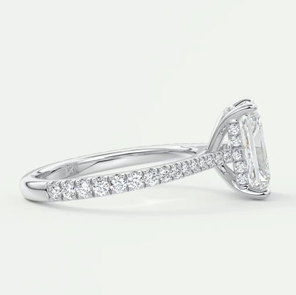 Custom made juliette radiant hidden halo cathedral engagement ring | diamond lab