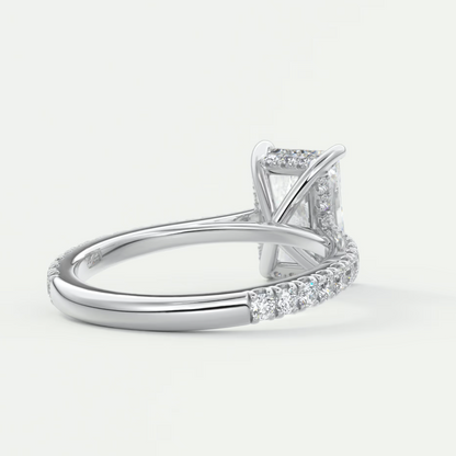 Custom made juliette radiant hidden halo cathedral engagement ring | diamond lab