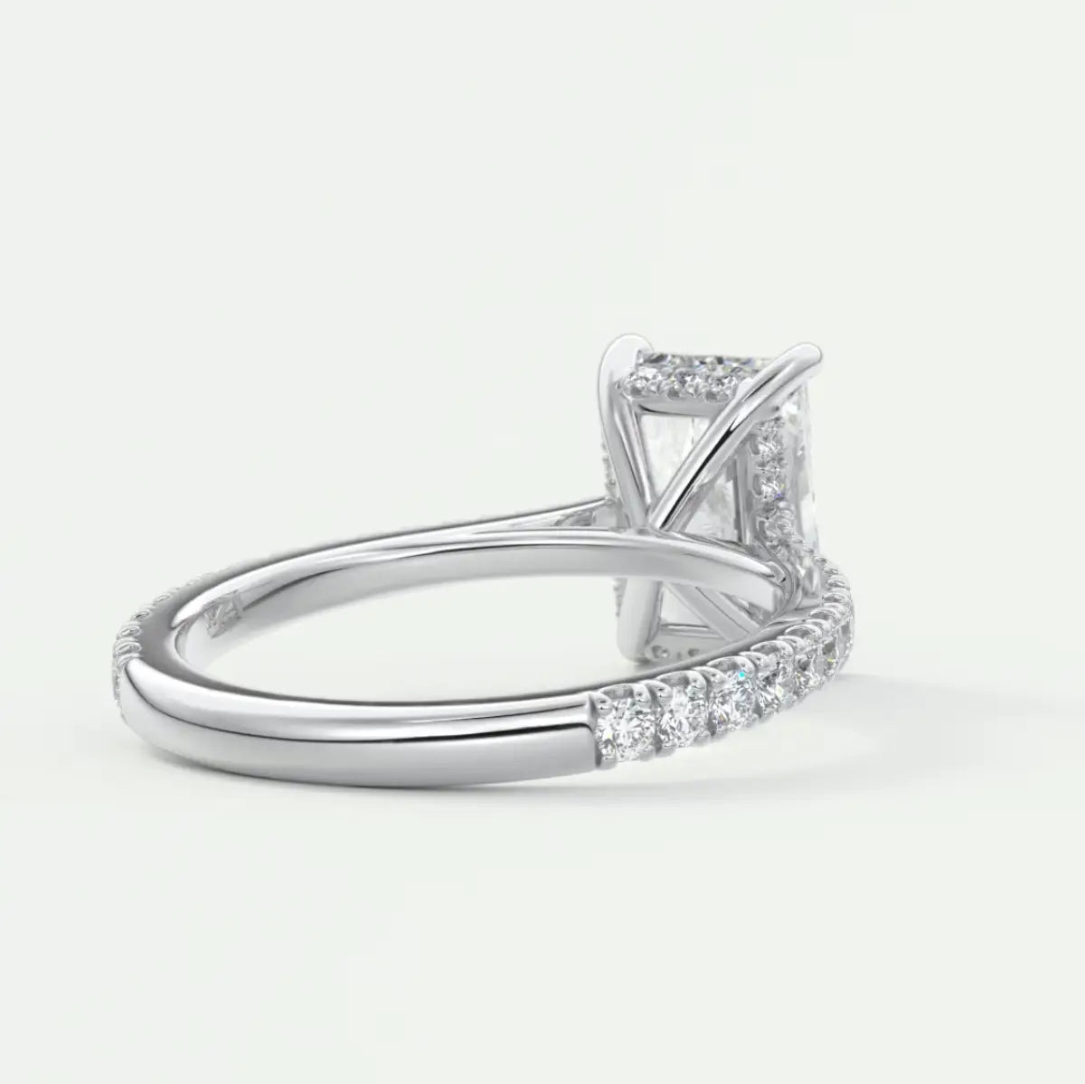 Custom made juliette radiant hidden halo cathedral engagement ring | diamond lab