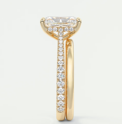 Custom made juliette radiant hidden halo cathedral engagement ring | diamond lab