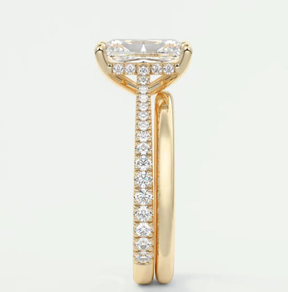 Custom made juliette radiant hidden halo cathedral engagement ring | diamond lab