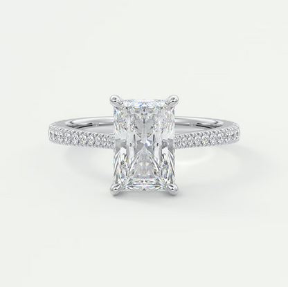 Custom made juliette radiant hidden halo cathedral engagement ring | diamond lab