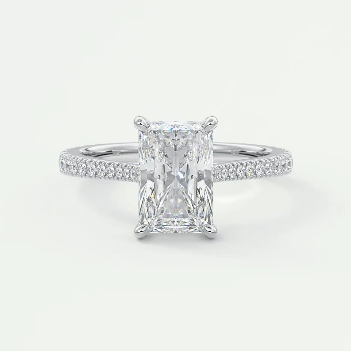 Custom made juliette radiant hidden halo cathedral engagement ring | diamond lab