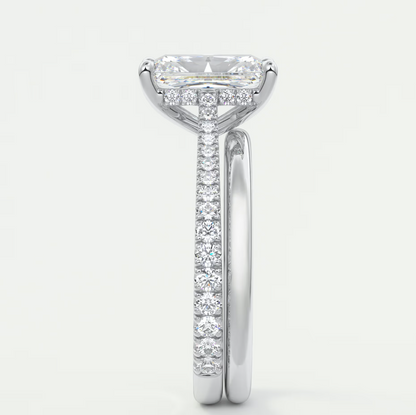 Custom made juliette radiant hidden halo cathedral engagement ring | diamond lab