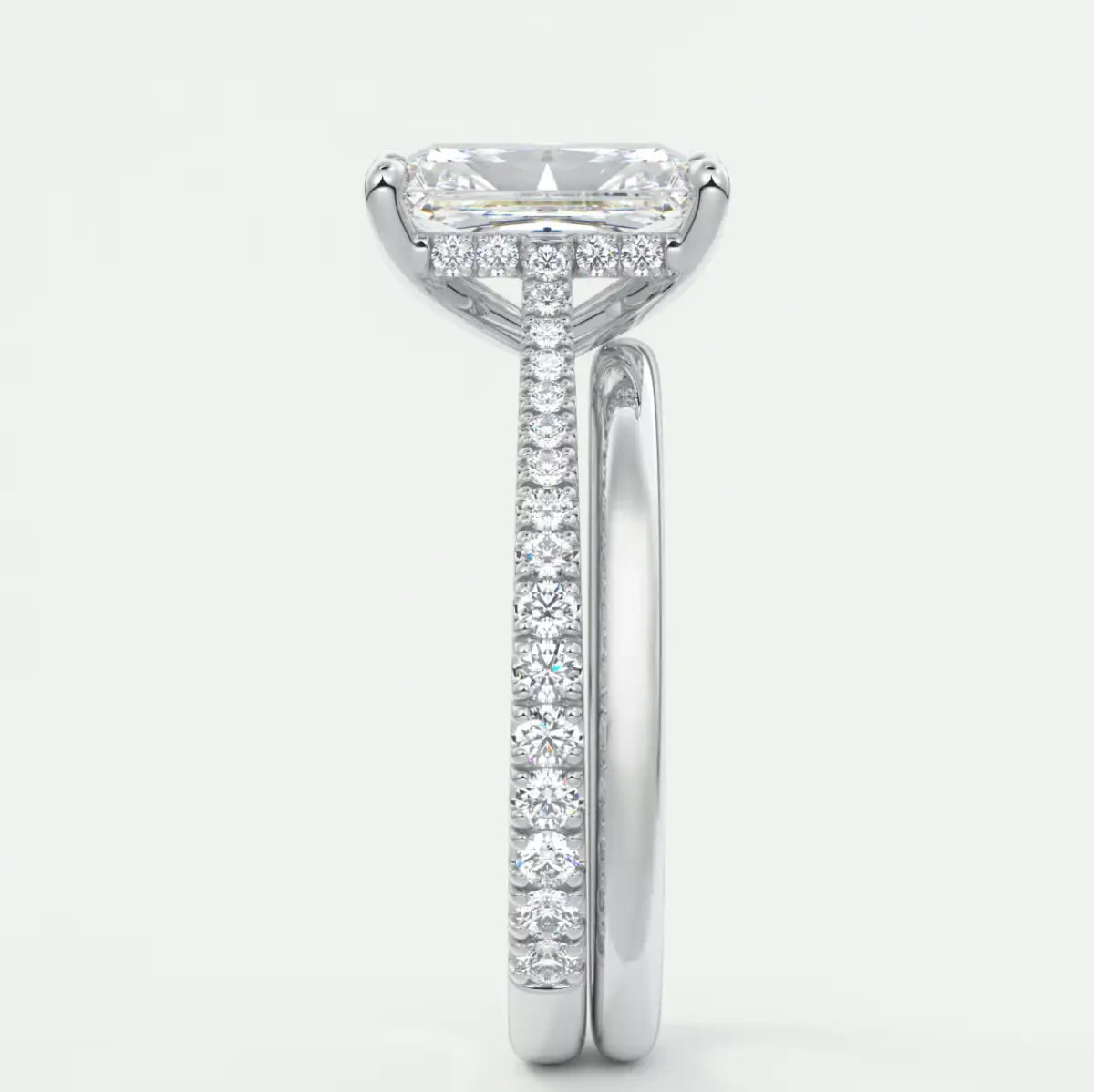Custom made juliette radiant hidden halo cathedral engagement ring | diamond lab