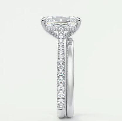 Custom made juliette radiant hidden halo cathedral engagement ring | diamond lab