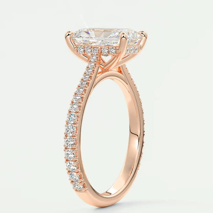 Custom made juliette radiant hidden halo cathedral engagement ring | diamond lab