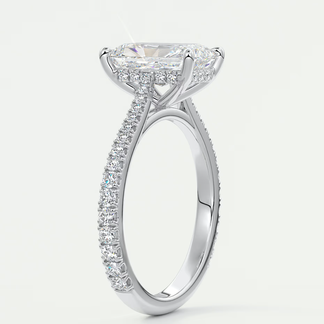 Custom made juliette radiant hidden halo cathedral engagement ring | diamond lab