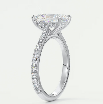 Custom made juliette radiant hidden halo cathedral engagement ring | diamond lab