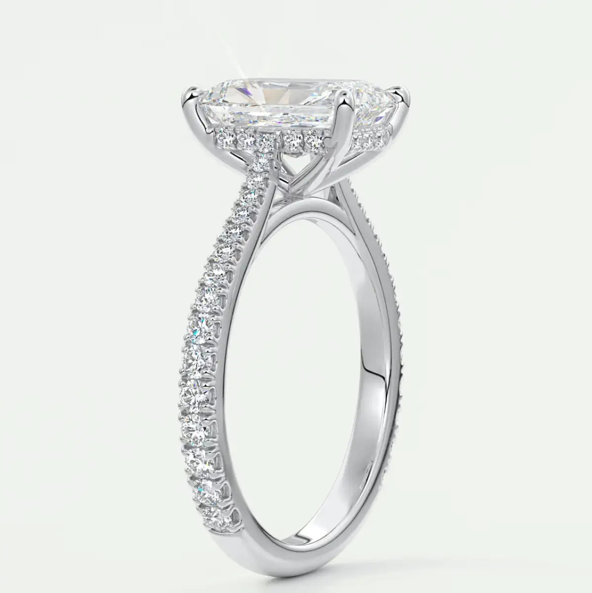 Custom made juliette radiant hidden halo cathedral engagement ring | diamond lab
