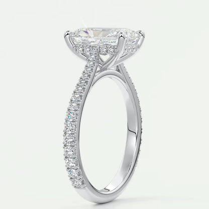 Custom made juliette radiant hidden halo cathedral engagement ring | diamond lab