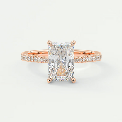 Custom made juliette radiant hidden halo cathedral engagement ring | diamond lab