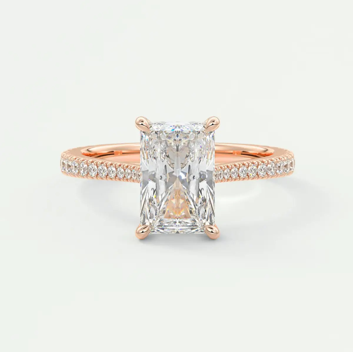 Custom made juliette radiant hidden halo cathedral engagement ring | diamond lab