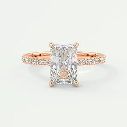 Custom made juliette radiant hidden halo cathedral engagement ring | diamond lab