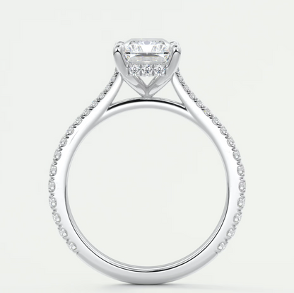 Custom made juliette radiant hidden halo cathedral engagement ring | diamond lab