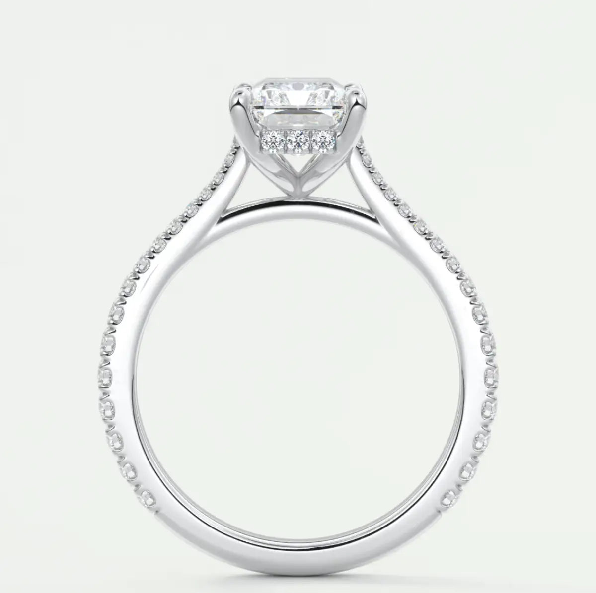 Custom made juliette radiant hidden halo cathedral engagement ring | diamond lab
