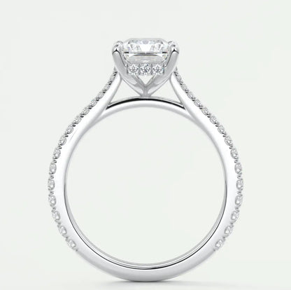Custom made juliette radiant hidden halo cathedral engagement ring | diamond lab
