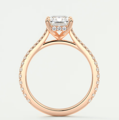 Custom made juliette radiant hidden halo cathedral engagement ring | diamond lab